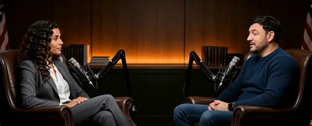 Illustration: a CEO interview in a studio, two leather chairs and microphones
